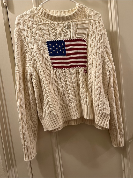 Polo Ralph Lauren Sweaters - Polo by Ralph Lauren Cream Cable-Knit Sweater with American Flag